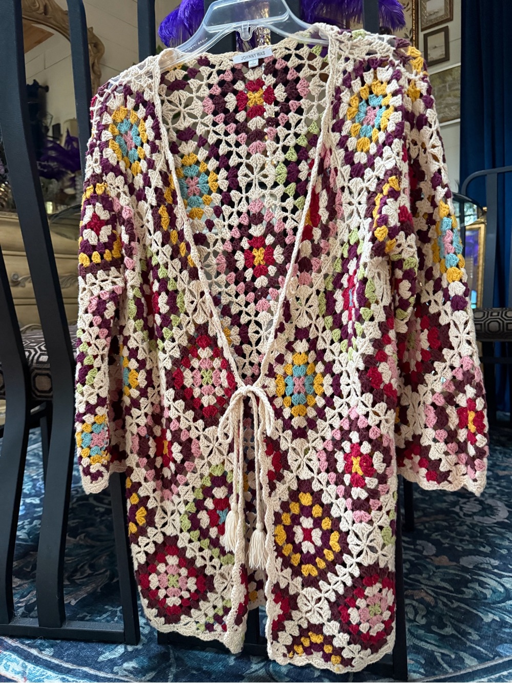 Johnny Was Multicolor Crochet Tie-Front Cardigan with Cream Trim, Stevie. - Picture 2 of 6